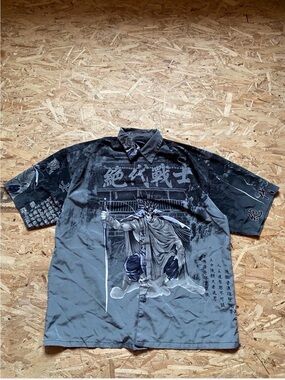 Ice Black & Gray Samurai Graphic Short-Sleeve Button-Down Shirt